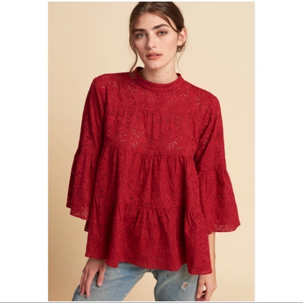 warm NY red tiered eyelet layered blouse